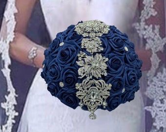 Handmade Navy Real Touch Roses Brooch Bridal Bouquet l Bridesmaids bouquet l Waterfall Bouquet l Boutonniere l Lapel l Corsage l Quinceanera