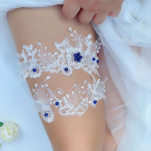 24hr shipping l Royal Blue Bridal Garter Wedding Garter Bridal Lace Garter Set - Floral Garters Belts - Keepsake Garter Toss Garter