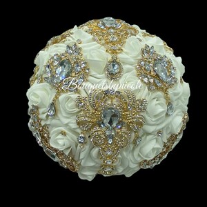 Ivory Gold Bouquet l Brooch Bridal Bouquet l Bling Bouquet l Wedding Bouquet l Quinceanera Bouquet l Corsage l Boutonniere l Wedding Broom