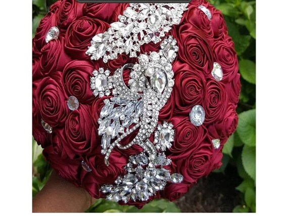 Burgundy Satin Roses Brooch Bouquet L Wedding Flowers L Bridal
