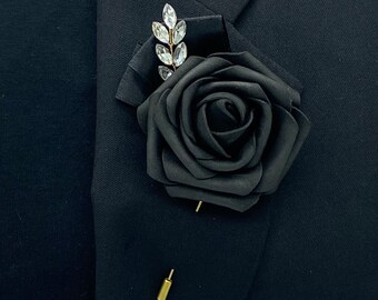 Black l Silver l Customized Men’s Formal wear l Prom l Boutonniere, Lapel Pin, Real Touch rose l Corsage l Groom Wedding Flower l