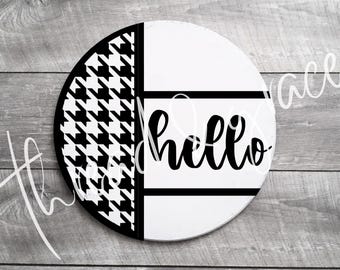 Hej Houndstooth digital design, välkommen dörrhängare Cricut silhuett klippfil, rund dörrskylt SVG, laserskuren fil