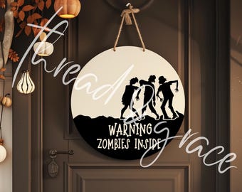 Varningszombier inuti digital design, Halloween dörrhängare klippfil, höst rund dörrskylt, Cricut silhuett designfil