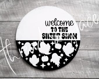 Välkommen till Sheet Show, Glad Halloween digital design, Halloween-klippfil, Halloween-skylt SVG, laserskuren fil