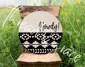 Diseño digital con patrón bohemio "Hola", archivo de corte para colgador de puerta, letrero redondo para puerta de inspiración azteca SVG, archivo de corte de silueta de Cricut, archivo digital
