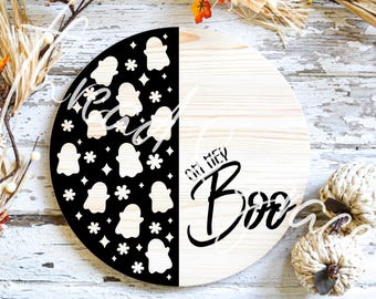 Hej Boo spökdesignfil, Halloween-spökdesign, Halloween Cricut-silhuettklippfiler, Halloween-välkomstskylt, laserskuren fil