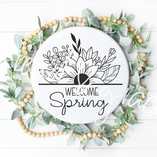 Floral Home Sweet Home Digital Design, Welcome Spring Door Hanger Cut File, Farmhouse Round Door Sign SVG, Sunflower Digital Download