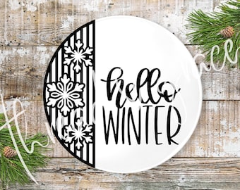 Hej vinter snöflinga jul digital design, julklippfil, dörrhängardesign, jul SVG, Cricut silhuett laserskuren fil