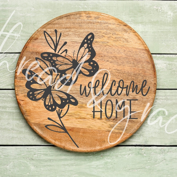 Welcome Home Digital Design, Butterfly Door Hanger Cut File, Spring Door Sign SVG, Welcome Sign Cricut Silhouette Design File