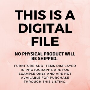 Puede incluir: Un fondo de acuarela rosa y blanco con texto negro que dice "Este es un archivo digital. No se enviar&aacute; ning&uacute;n producto f&iacute;sico. Los muebles y los art&iacute;culos que se muestran en las fotograf&iacute;as son solo de ejemplo y no est&aacute;n disponibles para su compra a trav&eacute;s de esta lista."