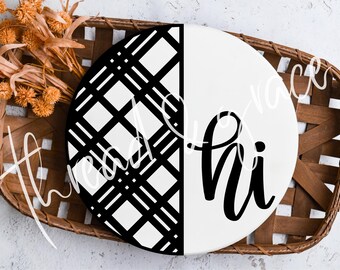 Hej pläd digital design, välkommen dörrhängare klippfil, rund dörrskylt SVG, ytterdörrskyltdesign, laserskuren fil