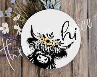 Hi Highland Cow Digital Design, Farmhouse Door Hanger Cut File, Cow Door Sign SVG, Front Door Sign Design - Updated May 2026