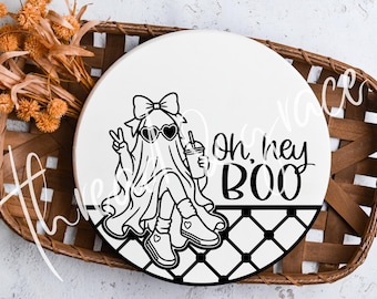 Oh Hey Boo Halloween spöke digital design, Halloween klippfil, läskig säsong dörrhängare design, Cricut SVG