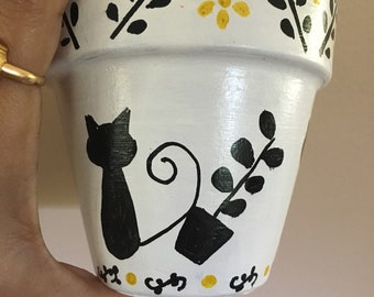 Black cat pots, Hand painted animal pot, quirky black cats gold accent, terracotta pot, indoor outdoor planter, cat plant lover