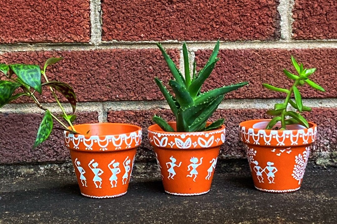 Painted Pots 3 Hand Painted Warli Art Flower Pots Unique Etsy