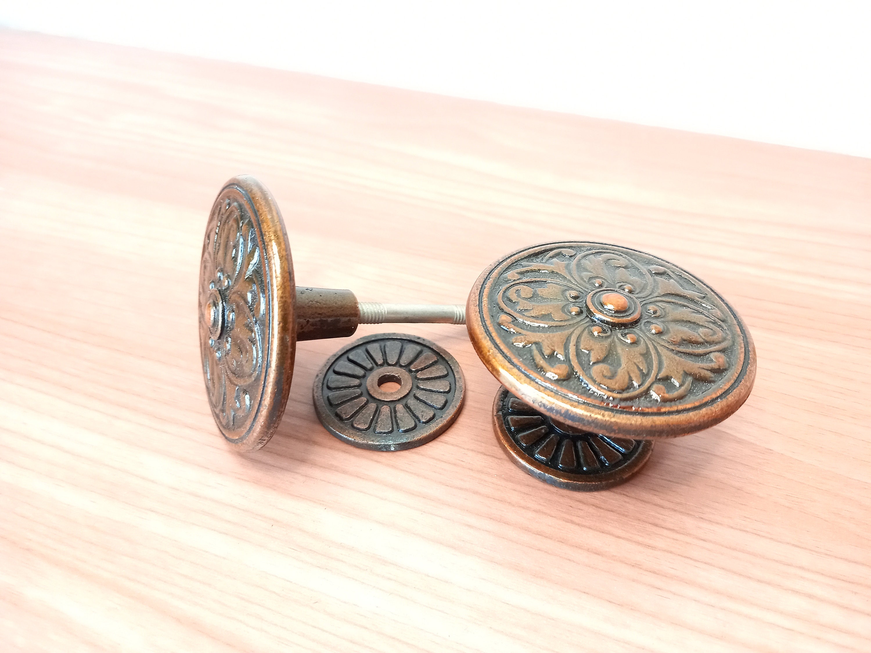 Vintage knobs. Metal door knobs with floral designs. Copper Etsy