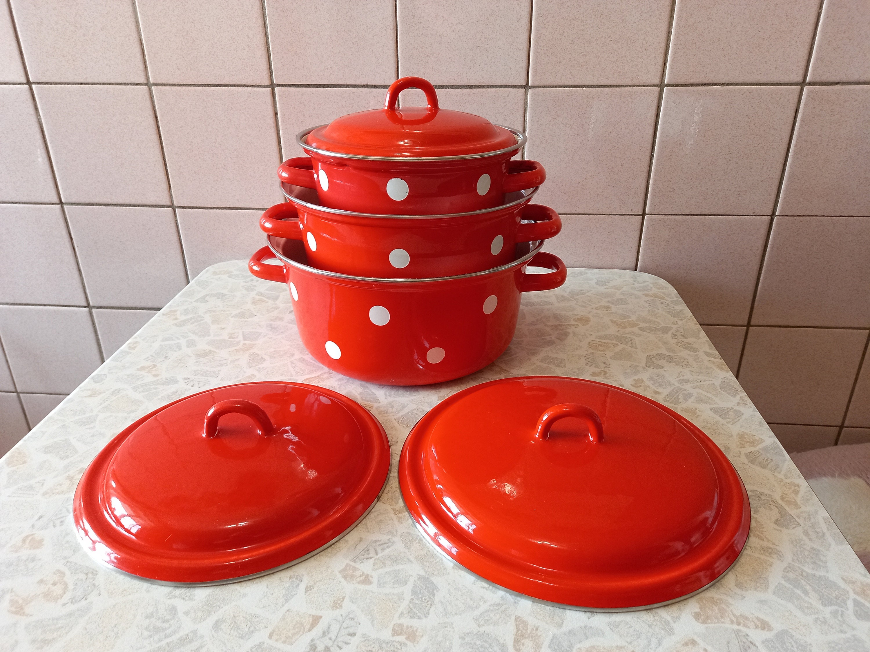 Saucepan. Vintage saucepan 4 liters. Red saucepan decorated Etsy