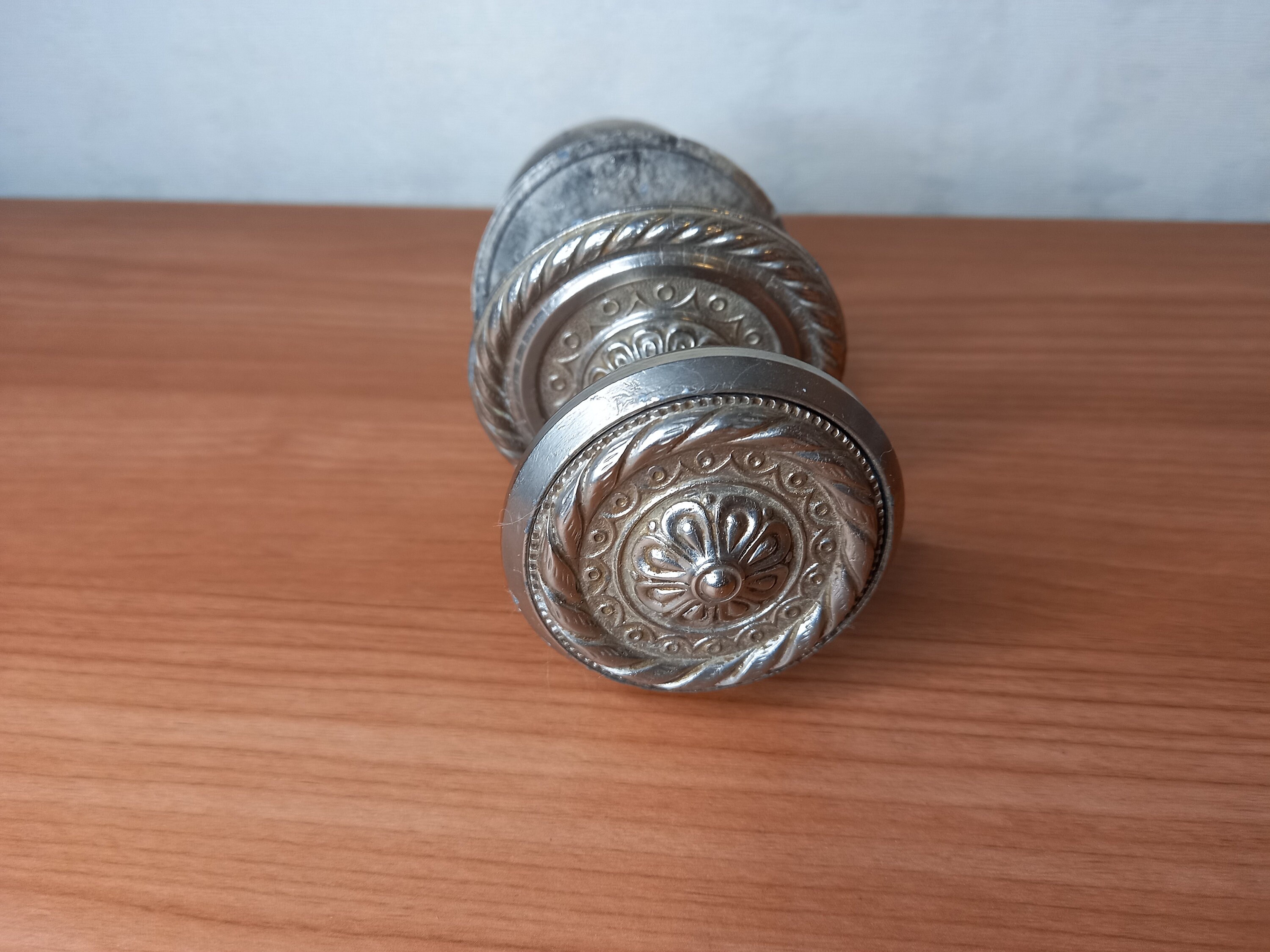 Antique knobs. Ornamented metal door knobs. Silver colored Etsy