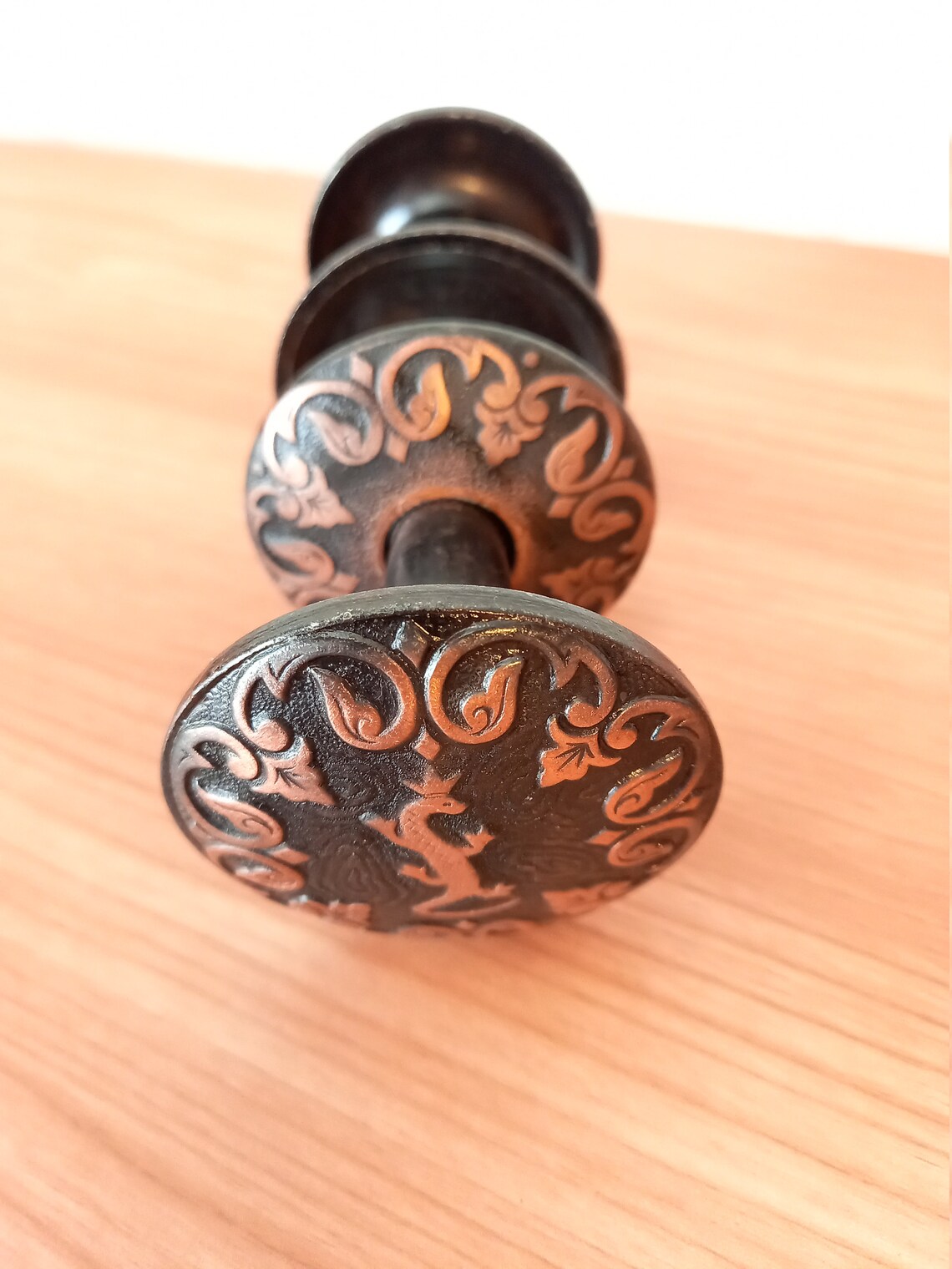 Antique knobs. Metal door knobs with a lizard. Copper plated Etsy