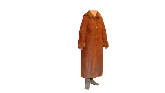 Vintage long brown sheepskin coat with a hood. Wom