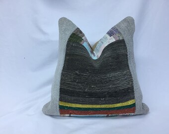 Handgefertigter Kilim Kissenbezug, Vintage Wolle Patchwork, 16x16
