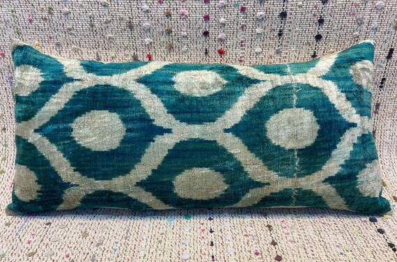 15x30 Silk and Velvet Pillow Cover Blue Pillow Cover Vintage