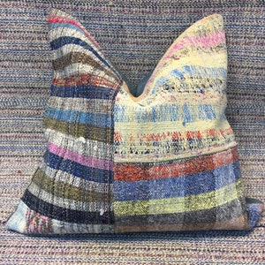 16x16  kilim pillow  patchwork pillow handmade pillow lumbar pillow cushion sofa pillow vintage pillow furniture pillow striped pillow