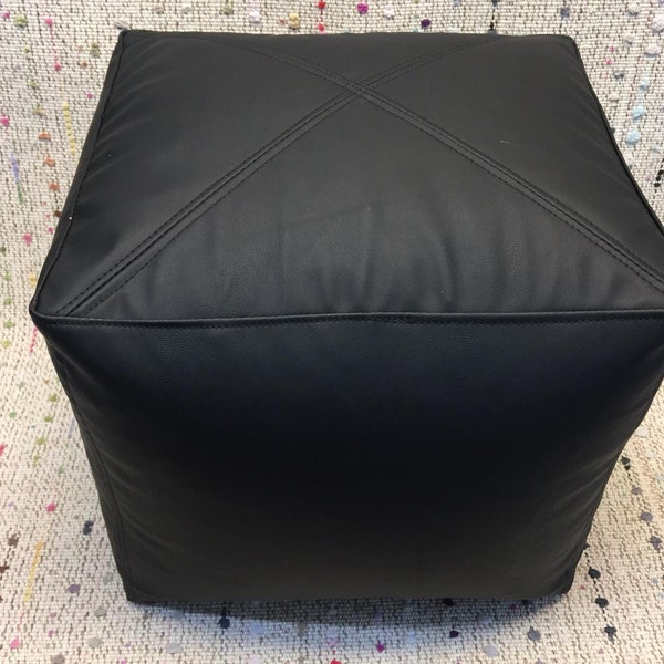 Faux Leather pouf black -leather coffee table -gift - vintage - handmade - ottoman - wedding - square pouf - living room pouf