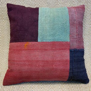 20x20 handmade patchwork vintage kilim pillow cover red brown and blue color sofa throw pillow case wool couch pillow case