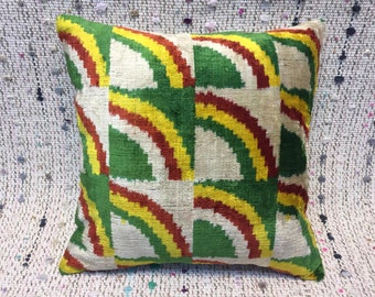 15x15 silk velvet pillow cover vintage pillow cover kilim pillow cover sofa pillow green pillow yellow pillow bohemian pillow velvet cushion