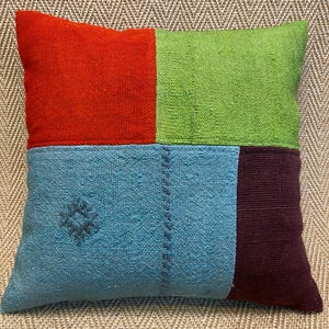 20x20 handmade patchwork vintage kilim pillow cover green orange and blue color sofa throw pillow case wool couch piilwo case