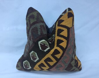 Vintage Kilim Pillow Cover 16x16, Brown Wool Cushion, Boho Decor