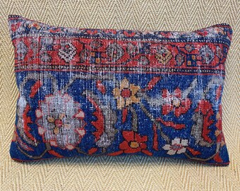 Funda de almohada de 16 x 24 pulgadas, color azul marino, azul marino, para sofá, con diseño floral, estilo kilim, decoración vintage, hecha a mano