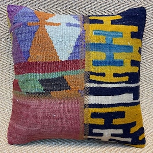16x16 Kelim Kissenbezug Vintage Kissenbezug Couch Kissenbezug Sofakissen Wurfkissen Wollkissen Lila Kissen Gelbe Kissenbezüge Wollkissen