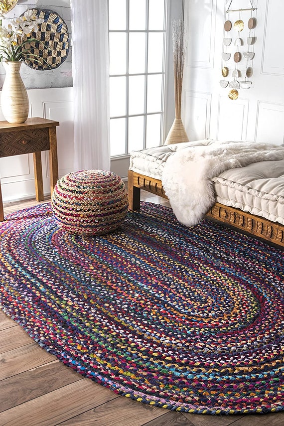 Hand Braided Bohemian Colorful Cotton Chindi Area Rug Multi Colors