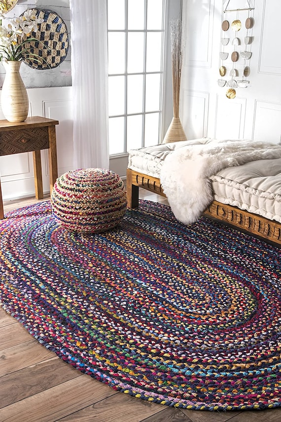 Hand Braided Bohemian Colorful Cotton Chindi Area Rug multi colors Home  Decor Rugs cotton area rugs oval shape braided rug rag floor rug mat