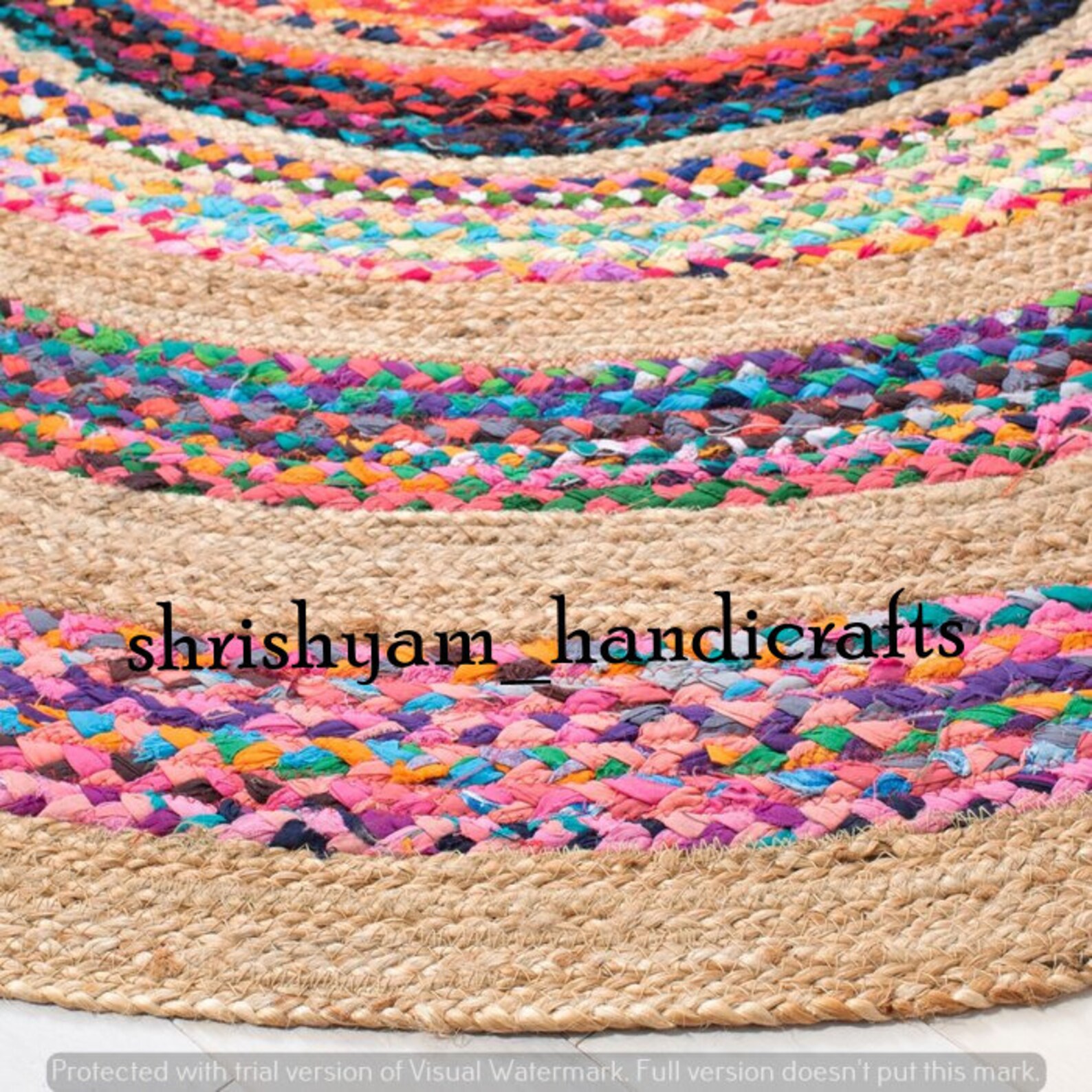 Bohemian Hand Braided Colorful Cotton Jute Area Rug Round Rug Etsy