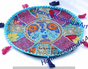 22" Indian Turquoise Patchwork Floor Cushion Cover Vintage Round Floor Pillow Case, Indian Handmade Old Sari Patchwork Floor Pillow Covers
