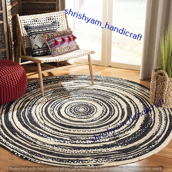 Braided Rag Rugs Circle Shape Meditation Mat Indian Braided Handmade Rug,  Jute Rug, Home Decoration Natural Tye Dye Black and Beige Rag Rugs -   Canada