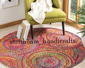 Boho Multi Chindi Yute Round Rug Rag, Alfombra de área trenzada india Boho Rag Rug, Alfombras de área decorativa para el hogar de yute y algodón, Alfombra de trapo de yute