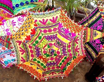 3 Pcs Indian Wedding Umbrella Floral Designer Outdoor Decorations Party Look Decorations Cotton Fabric Mirror Work Vintage Parasols Umbrella