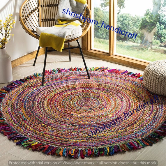 Indian Handmade Braided Bohemian Cotton and Jute Area Rug Round