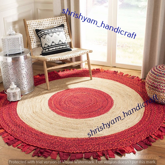 Red and Beige Colour Round Jute Cotton Braided Rugs Meditation Mat Carpet,  Floor Rag Rug, Handwoven Living Room Rug, Hallway Round Rug 