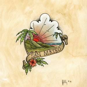 Könnte beinhalten: Ein Tattoo-Design im Vintage-Stil mit einem Sonnenuntergang über einem Strand mit Palmen und einem Banner mit der Aufschrift "SAN MATEO".