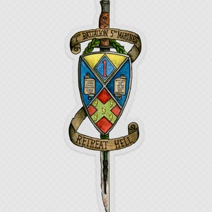 May include: A watercolor illustration of a military crest with a sword. The crest features a shield with a blue and yellow diamond pattern, a red and yellow cross, and three yellow seahorses. The shield is surrounded by a scroll with the text "2nd Battalion 5th Marines" and "Retreat Hell".