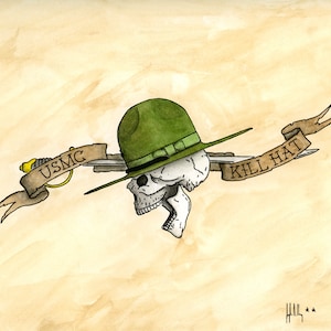 USMC Kill Hat Print, Military, Marines, Drill Instructors, Boot Camp, Yellow Foot Steps, Veterans.