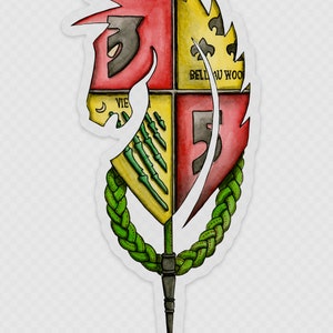 May include: A watercolor illustration of a crest with a red horse head, green and yellow stripes, and the text "BELLAU WOOD" and "VIE". The crest is surrounded by a green wreath.