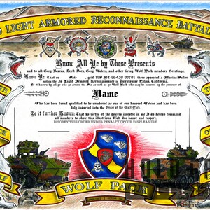May include: A certificate of honor for the 3D Light Armored Reconnaissance Battalion, also known as the Wolf Pack, with a red, yellow, and blue shield emblem. The certificate features two wolves on either side, with the text "The Strength of the Wolf is the Wolf Pack" on the left and "The Strength of the Wolf is the Wolf Pack" on the right.