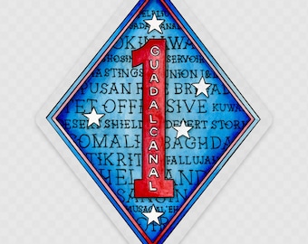 1st Marine Division Major Battles Clear Sticker, The Old Breed, Blue Diamond, USMC, Marines, USN, Navy, Sailors, DiamondBack, Camp Pendleton