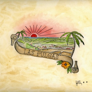Könnte beinhalten: Eine Aquarell-Illustration eines Sonnenuntergangs über einer Landschaft mit Palmen und einem Banner mit der Aufschrift "LAS PULGAS".